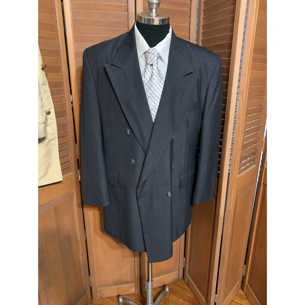 Vtg 80s Charcoal Gray Double Breast Sports Coat 46L Barrington Blue Pinstripe